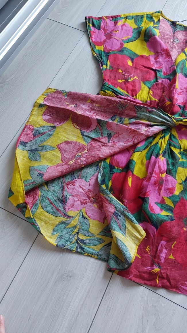 Lniana sukienka mini Zara XS, 100% len sukienka w kwiaty