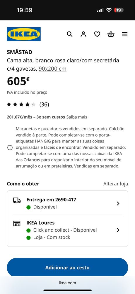 Cama alta, branco rosa claro/com secretária c/3 gavetas,