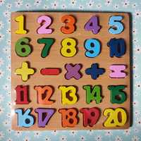 Zestaw drewniane puzzle cyfry liczby Nauka liczenia