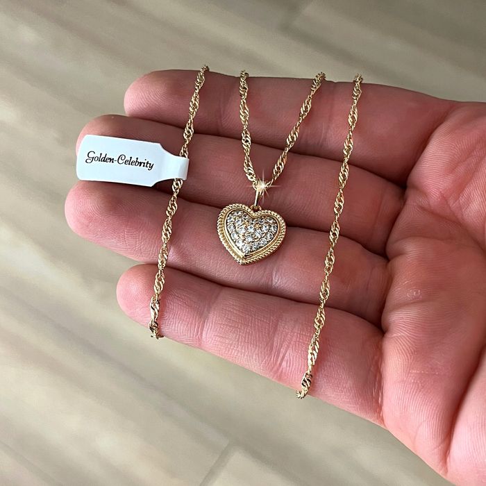 Złoty Łańcuszek Stal Chirurgiczna / Serce Z Cyrkoniami 18k Prezent + G