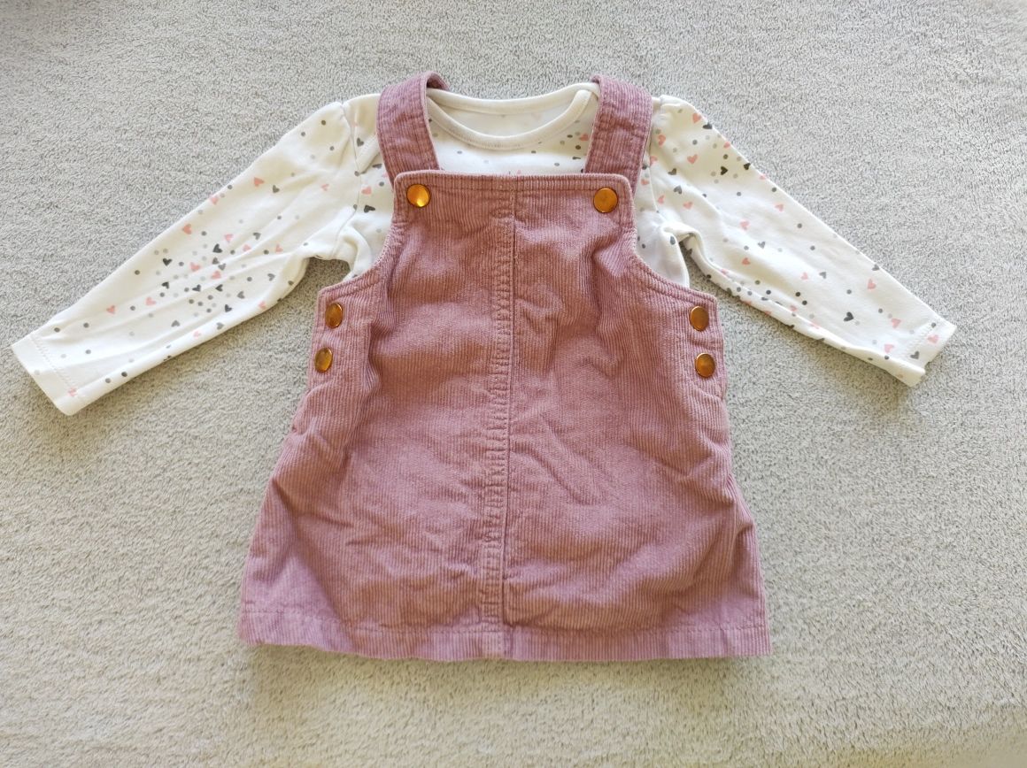 Sukienka sztruksowa ogrodniczka F&F + body 3-6m.