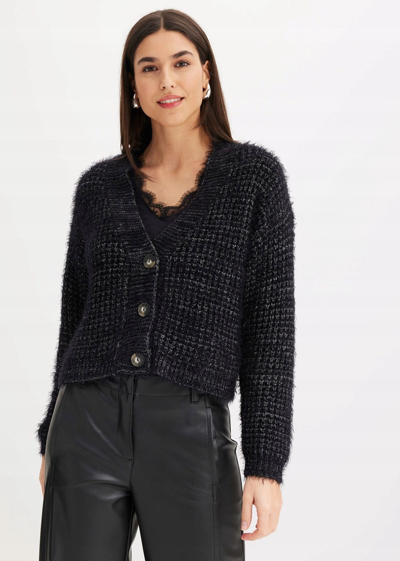B.P.C sweter rozpinany włochaty czarny r.48/50