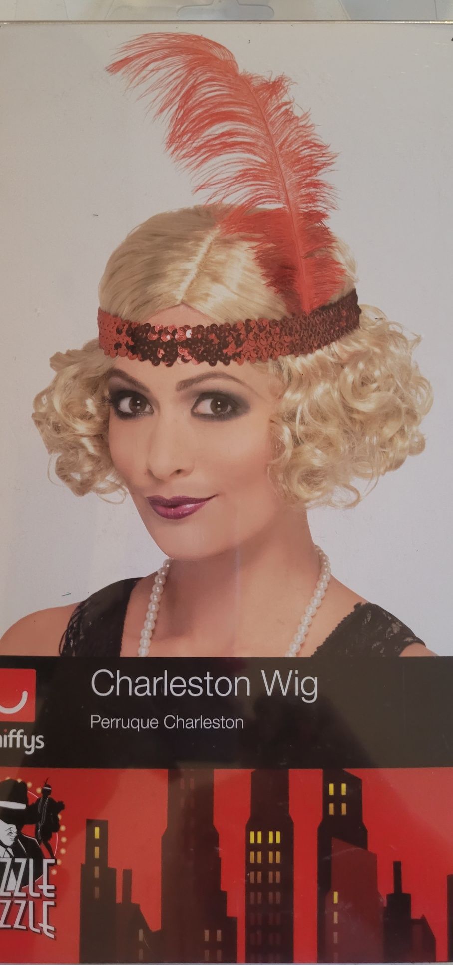 Peruka blond w stylu lat 20 Charleston z opaską i piórkiem