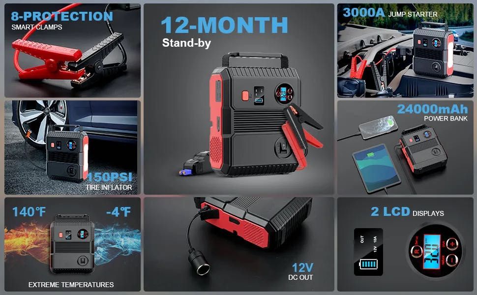 Jump Starter 4 em 1 com Inflador de Ar * 12V * 3000A