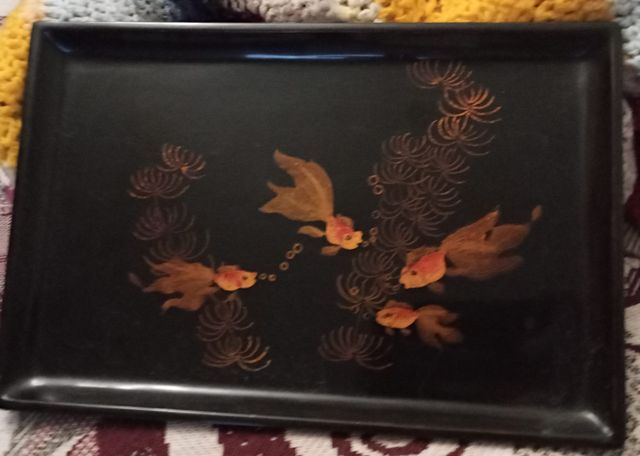 Поднос картина деревянный с золотыми рыбками