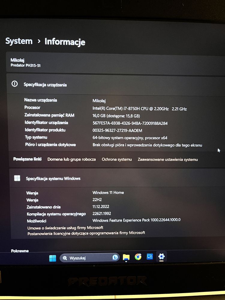 Laptop Acer Predator Helios 300 ZESTAW ! 16GB RAM