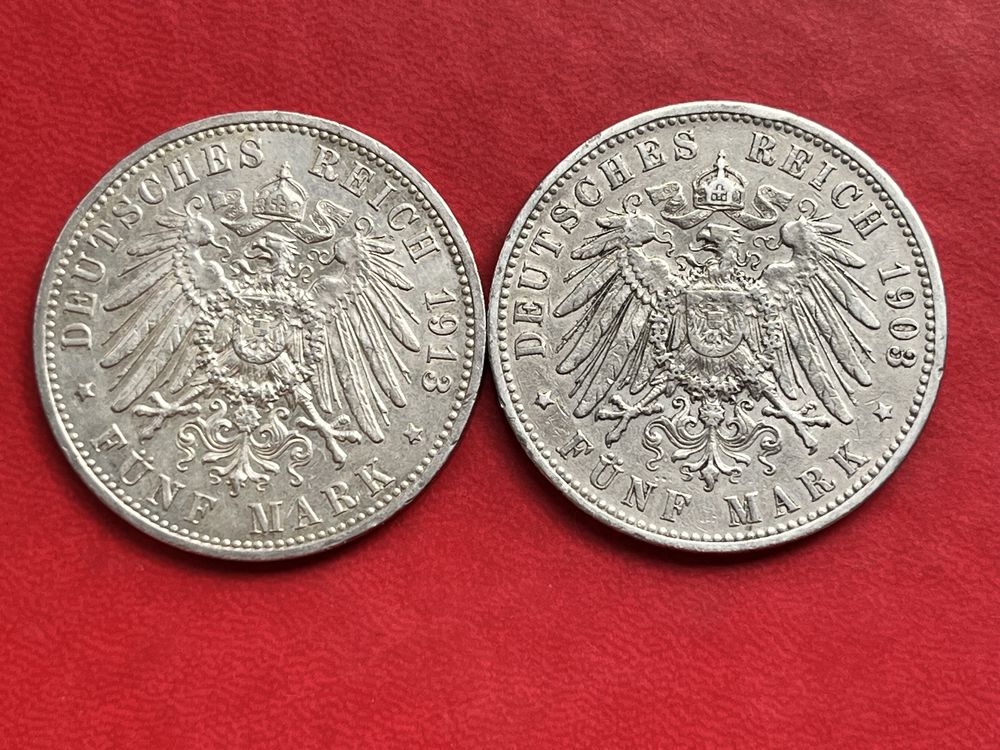 Серебряные монеты 5 марок Германская империя Пруссия Гамбург