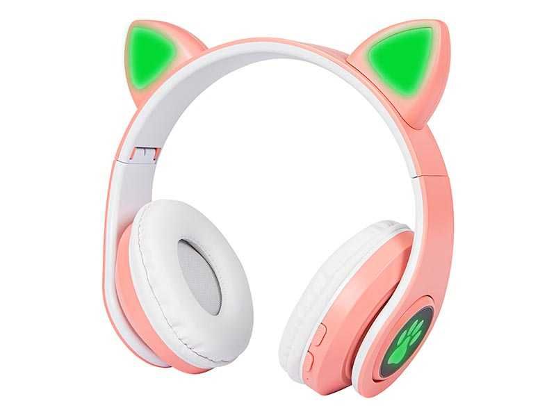 Słuchawki Bluetooth z mikrofonem Cats składane z podświetleniem różowe