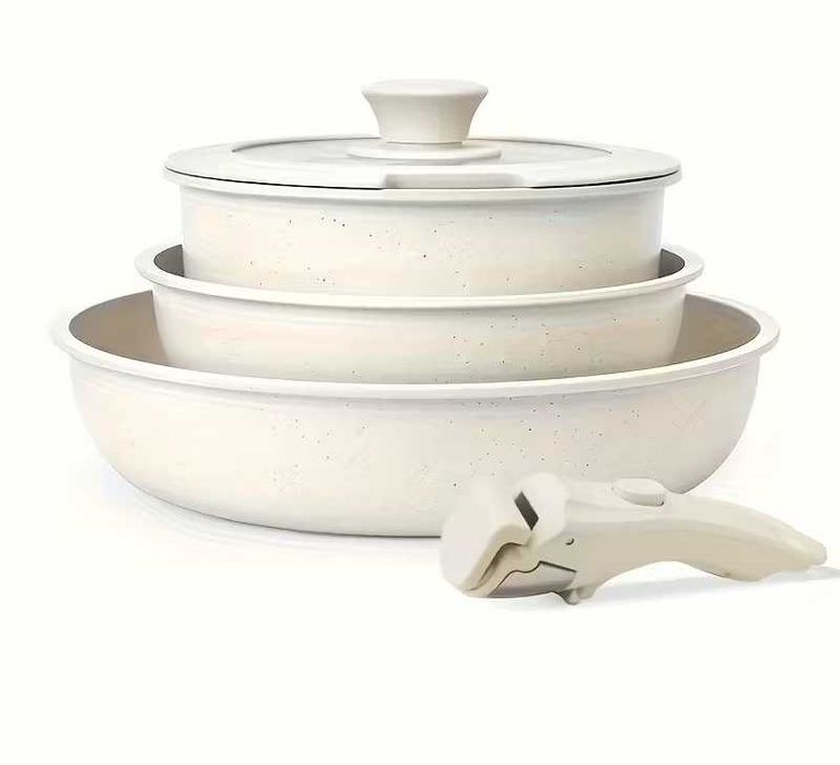 Zestaw 3 garnków patelni non-stick 5 elementów beżowy odpinana rączka