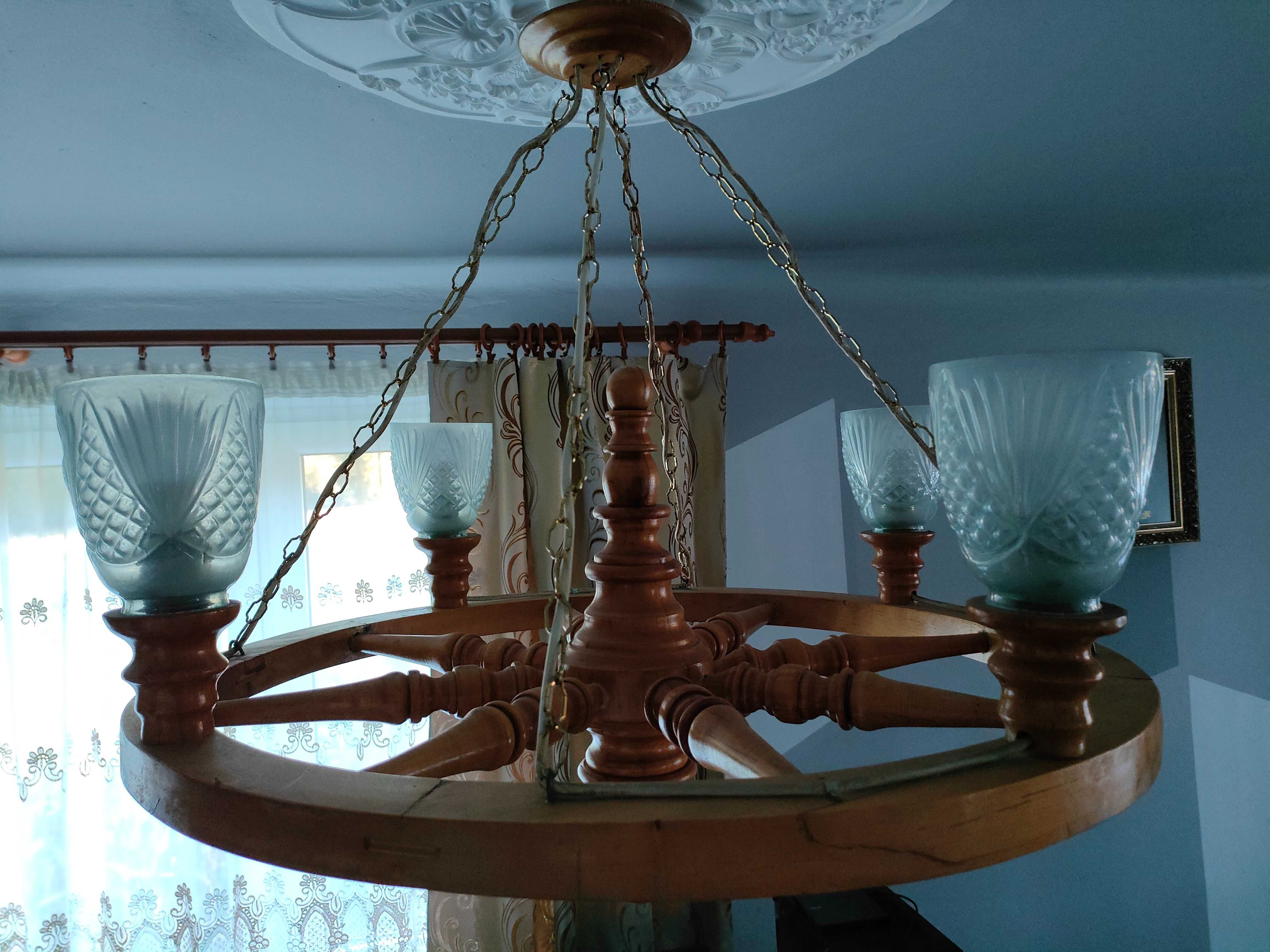 Lampa wisząca - Żyrandol drewniany na 4 klosze