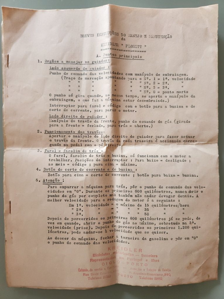 Documentos antigos com instruções motorizada Kreidler Florett 1957
