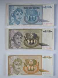 zestaw banknotów 100 dinarów  ,3 szt. , państwo Jugosławia