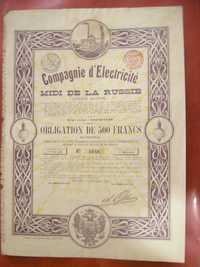 Бланк акции бельгийской электрической компании ( Юг России)1912 года.