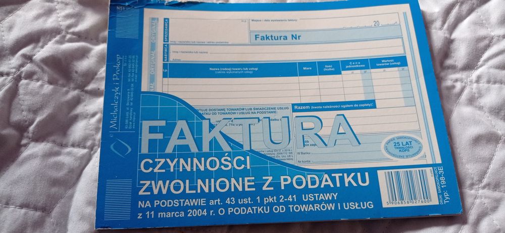 Druczki blankiety faktura książka nowe czynności zwolnione z podatku