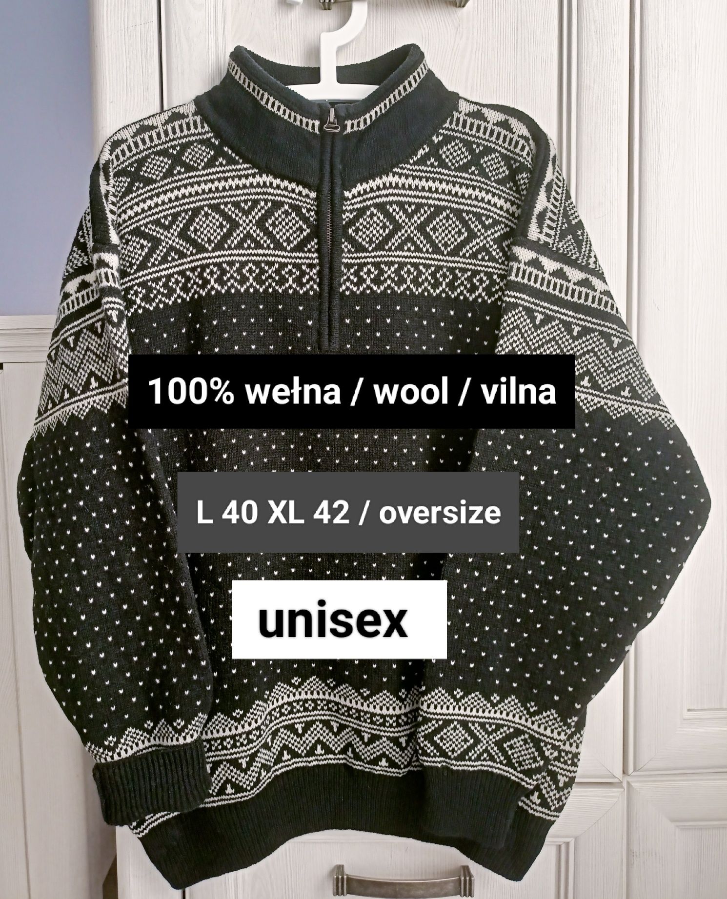 L 40 XL 42 oversize wełniany sweter vintage norweski 100% wełna jakość