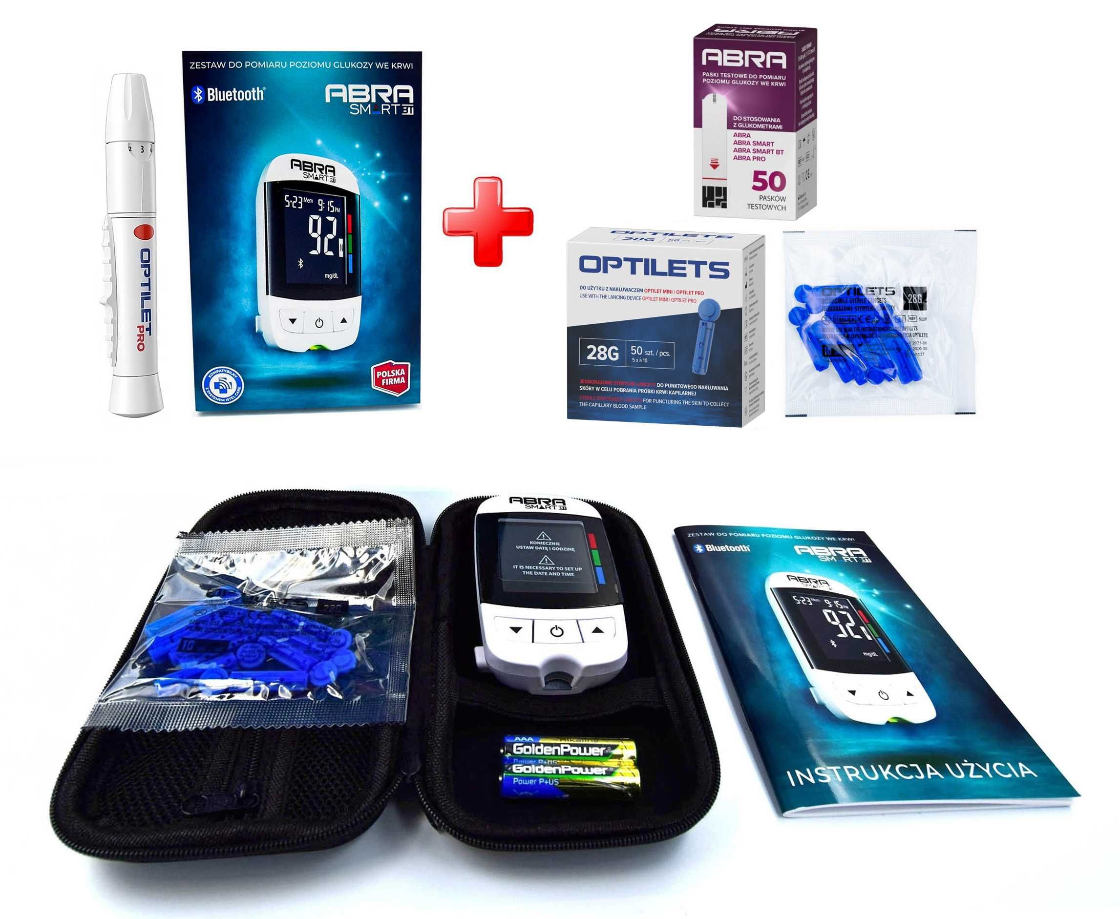 Glukometr Bluetooth ABRA SMART + 50 PASKÓW + 70 LANCETÓW – biały