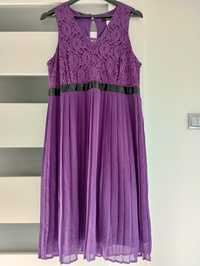 Fioletowa sukienka La Redoute r. 46 plisowana koronka