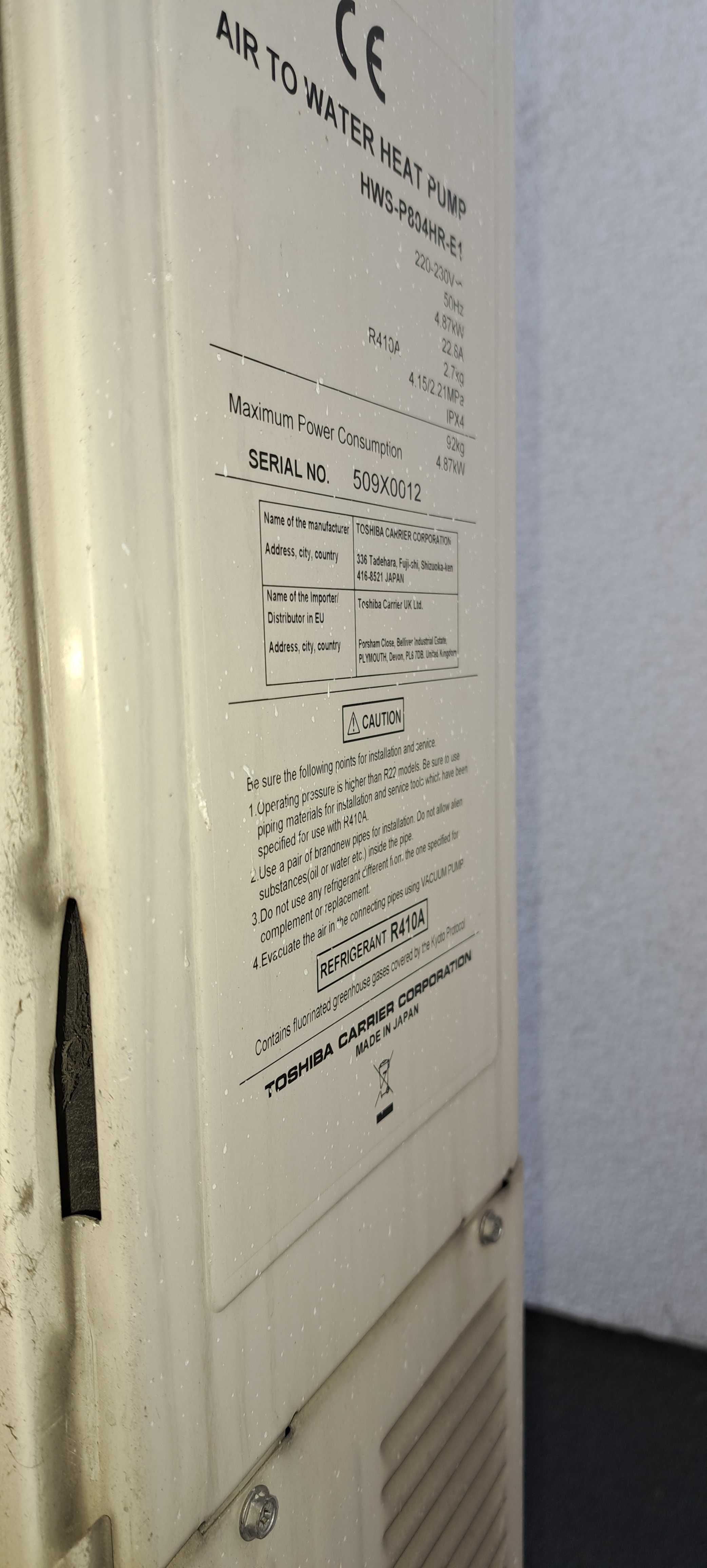 Pompa ciepła powietrze-woda Toshiba HWS-P804HR-E1 uszkodzona