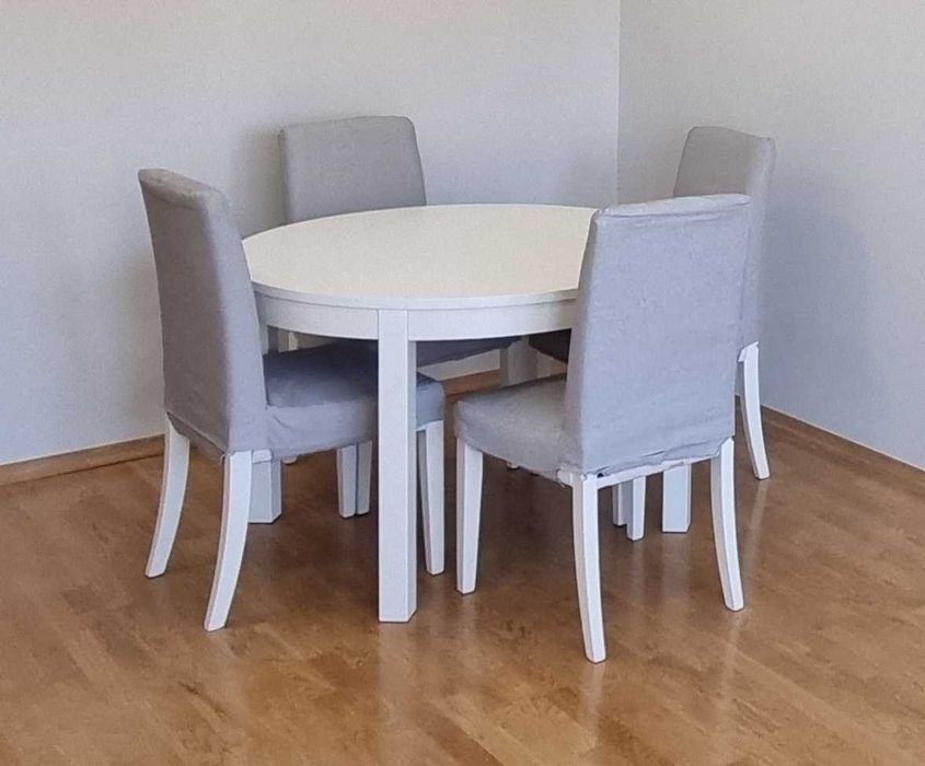 Biały okrągły stół IKEA BJURSTA 115cm rozkładany do 166cm + 4 krzesła