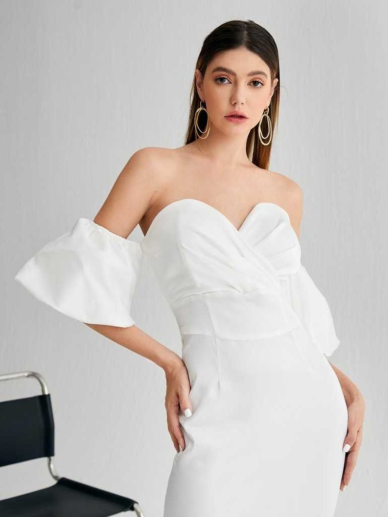 Sukienka midi biała ślub poprawiny hiszpanka bardotka odkryte ramiona