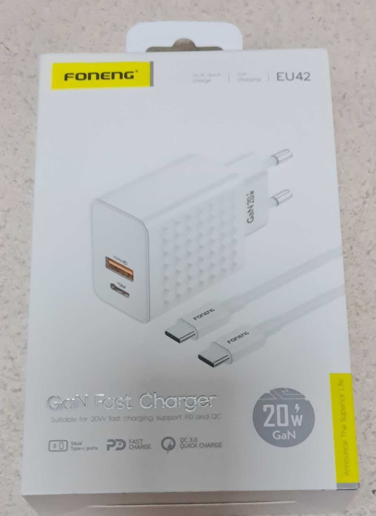 Ładowarka sieciowa USB-C GaN PD 20W + 1xUSB QC 3.0 + kabel TYP C EU42