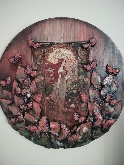 Ręcznie wykonany obraz na desce, panel dekoracyjny z ceramiką