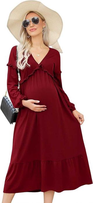 Elegancka sukienka damska ciążowa czerwona z długim rękawem XXL 2XL 44