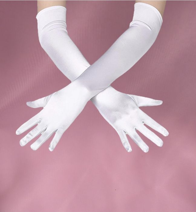 długie, białe, satynowe rękawiczki wieczorowe