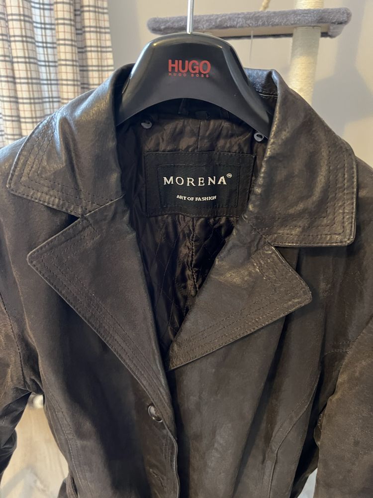 Damski płaszcz trencz z paskiem skórzany Morena XL vintage retro