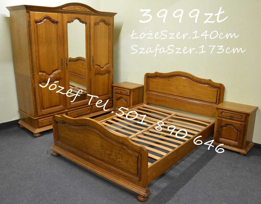 Łóżko dębowe + stelaże pod materac + szafa + szafki nocne