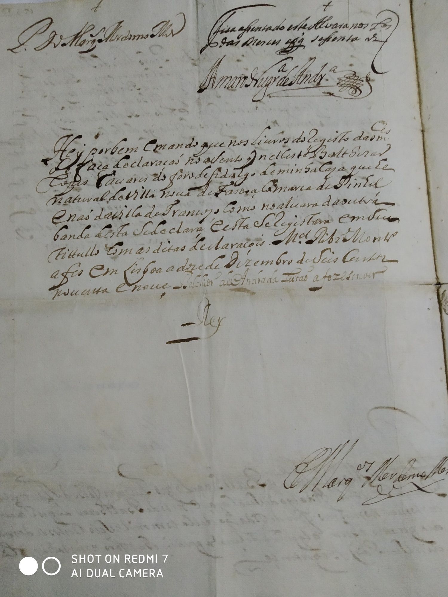 Manuscrito assinado pelo rei D. Pedro II De Portugal 1699.