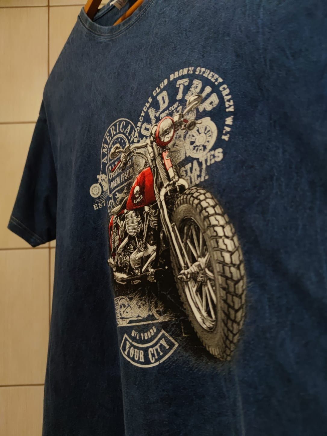 bluzka koszulka L Harley Moto z nadrukiem motora rock faith niebieska