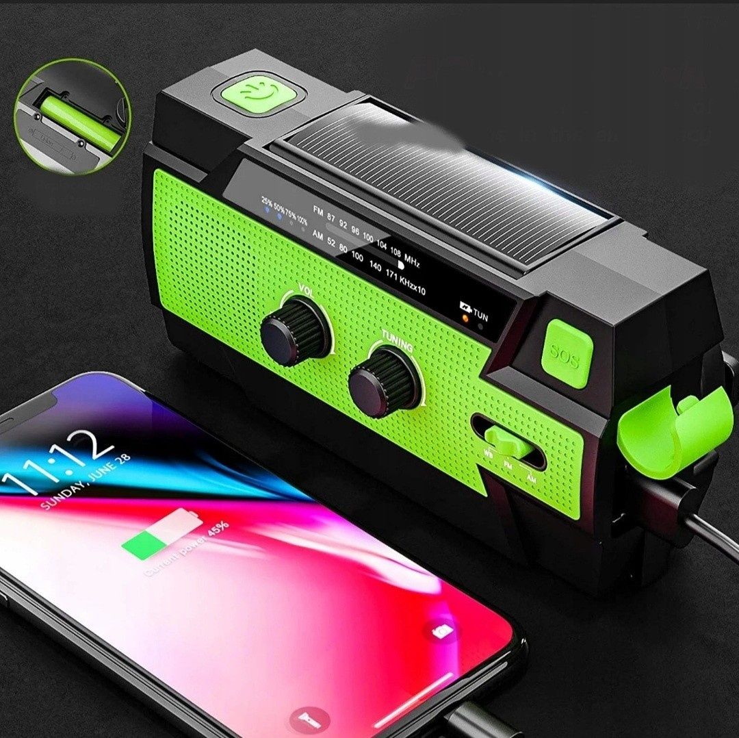 Radio korbowe, alarm SOS FM/AM radio awaryjne 4000 mAh solarne korba