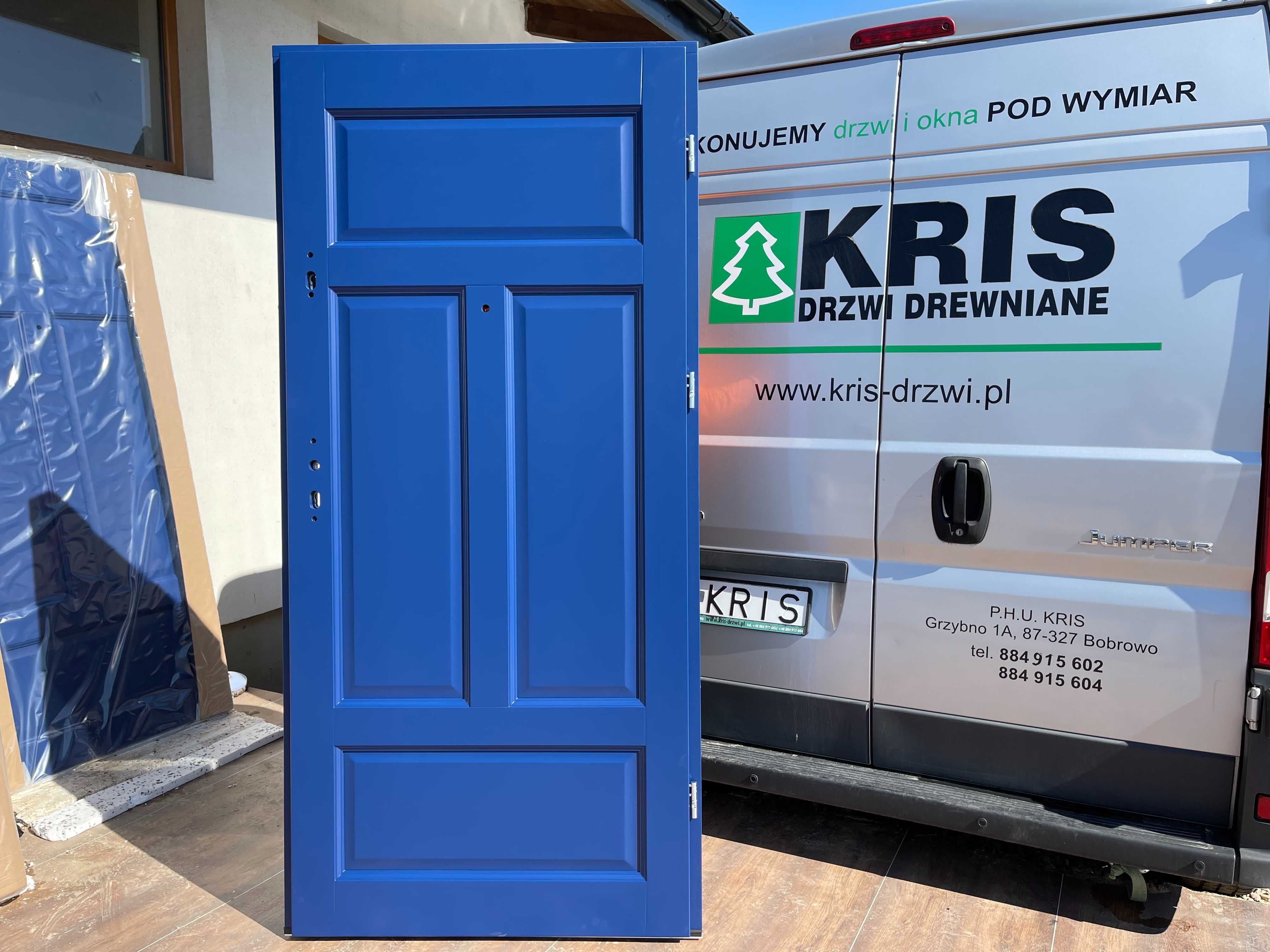 Drzwi drewniane wewnątrzklatkowe antywłamaniowe niebieskie KLATKOWE