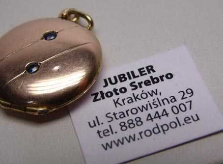 Antyczny złoty okrągły sekretnik medalion z szafirami.