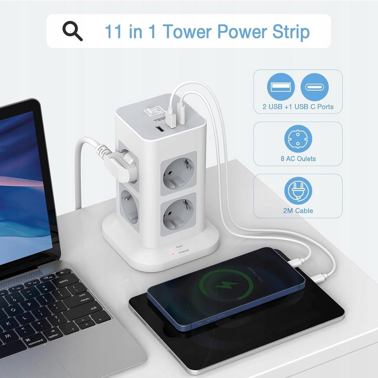 Listwa stojąca KOMPAKTOWA Tessan 8xAC 2xUSB-A 1x USB-C 3600W 2M