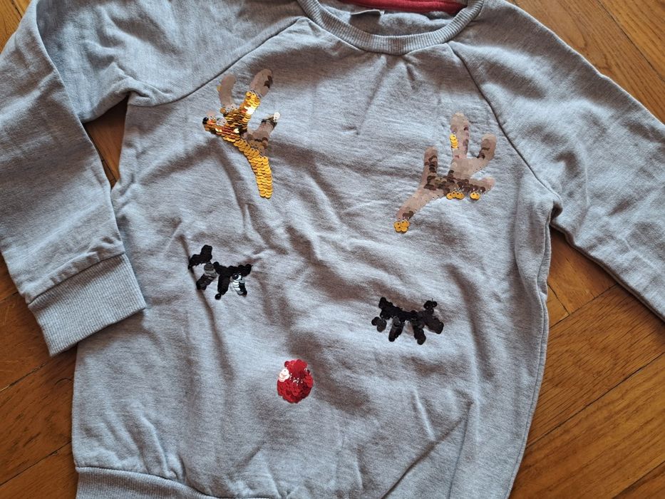 Bluza renifer 134 świąteczna szara obracane cekiny