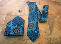 Niebieski Krawat + POSZETKA SPINKI wzór kwiaty prezent wesele