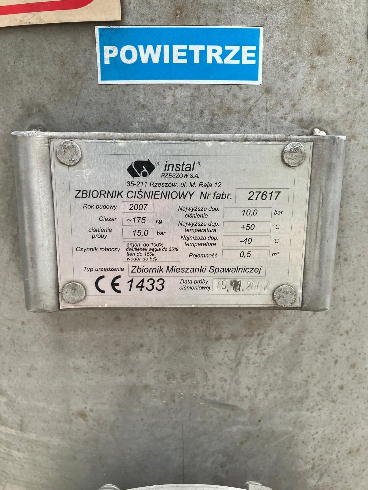 Zbiornik ciśnieniowy 500L sprężone powietrze UDT 10 bar OCYNKOWANY