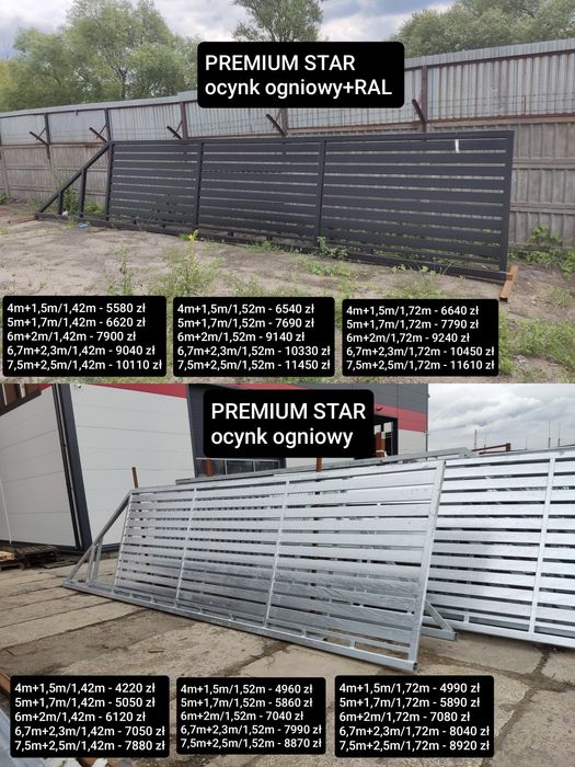 Brama przesuwna palisadowa 4m PREMIUM STAR,ocynk ogniowy+RAL, inne
