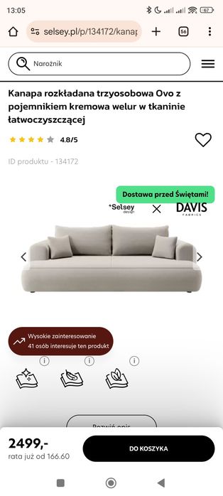 Kanapa Selsey Ovo – Welur, Spanie 160x200 jak łóżko! Okazja