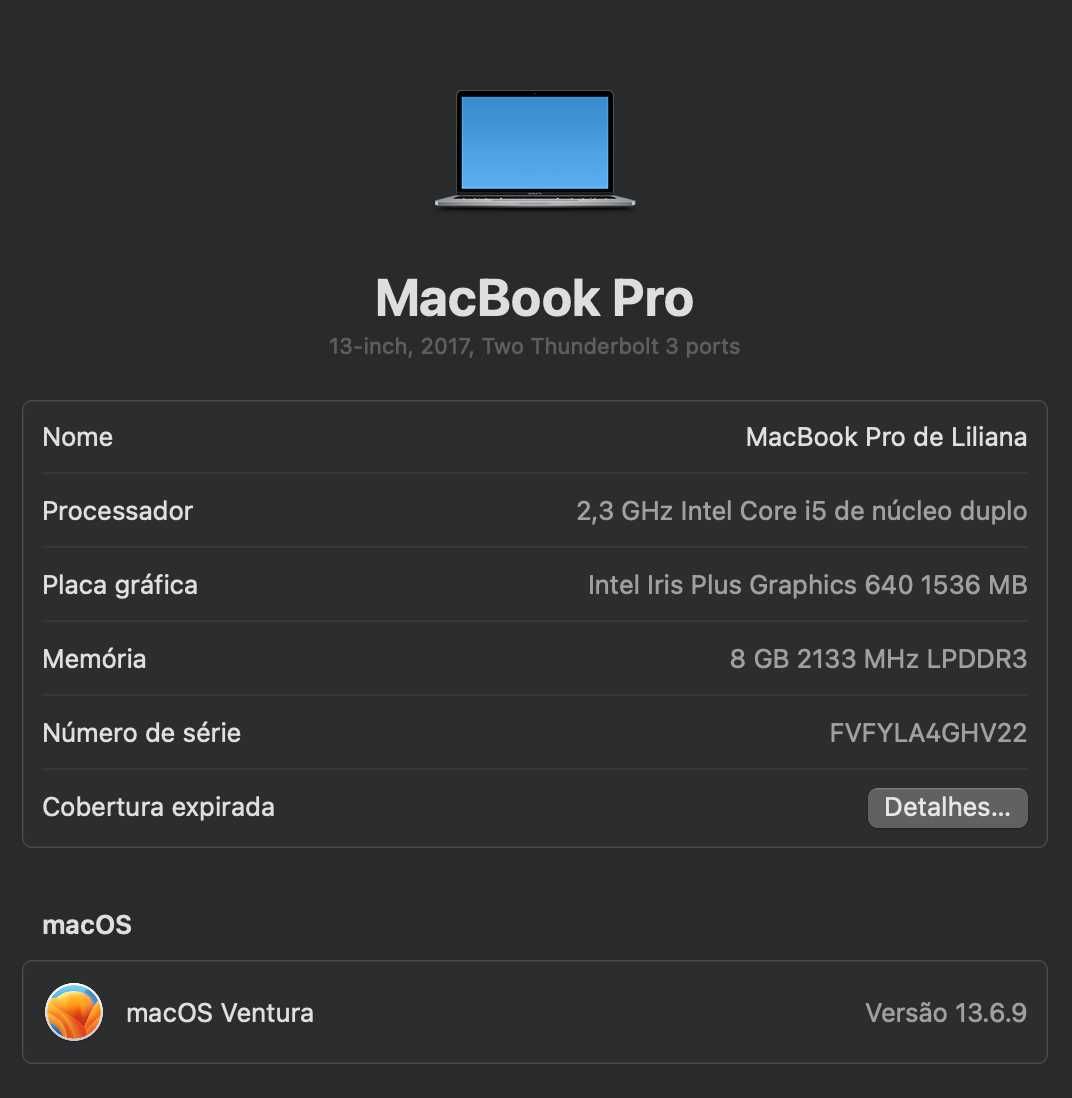 MacBook Pro 13-inch, 2017, 2,3 GHz Intel Core i5 de núcleo duplo