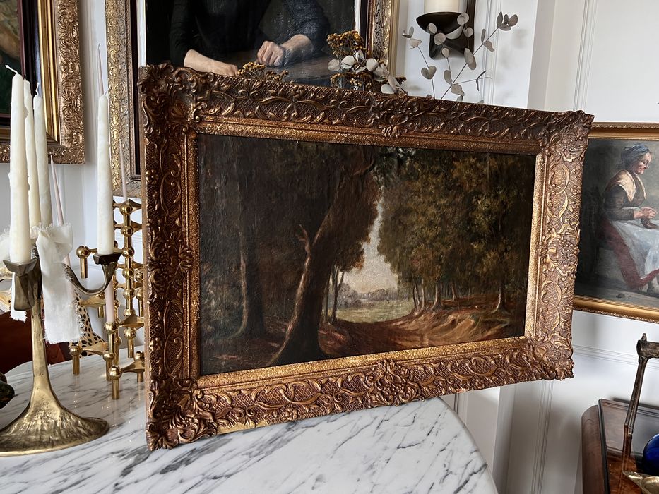 Stary duży obraz olejny antyk pejzaż drzewa las 1950 vintage zlota