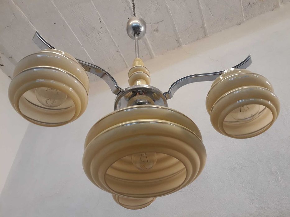 Żyrandol przedwojenny art deco 3 ramienny srebrny chrom uranowe szkło