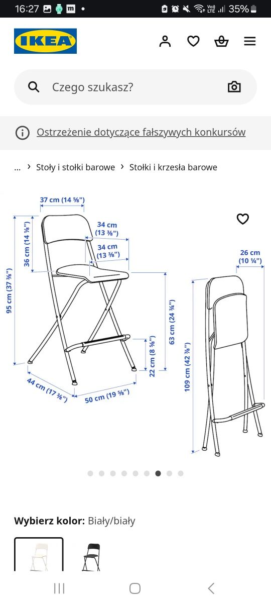 Taboret składany z oparciem, biały/biały, 63 cm