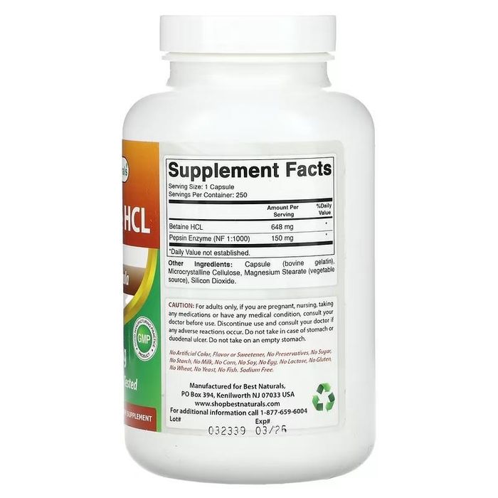 Best Naturals, бетаин гидрохлорид пепсин  , 648 мг, 250 капсул