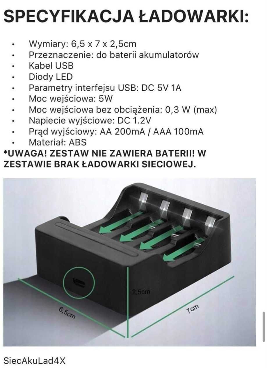 ŁADOWARKA DO BATERII Akumulatorowych Rodzaju  AA / AAA,  z kablem  USB