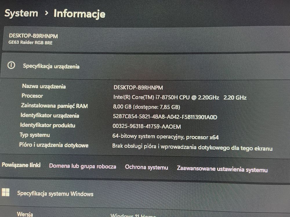 laptop MSI Ge63 RGB 8RE (Nie ma 4 klawiszy)