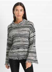 Nowy sweter szary damski z frędzlami w paski Boho naturalny modny 34