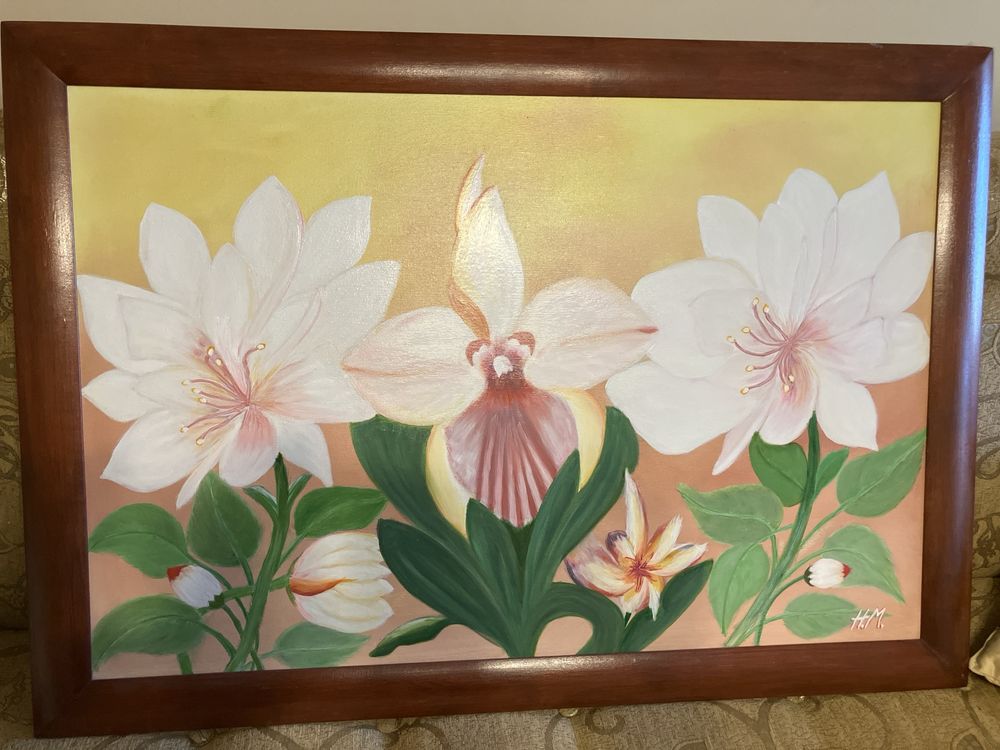 Obraz olej na płótnie 60x90 kwiaty, drewniana rama